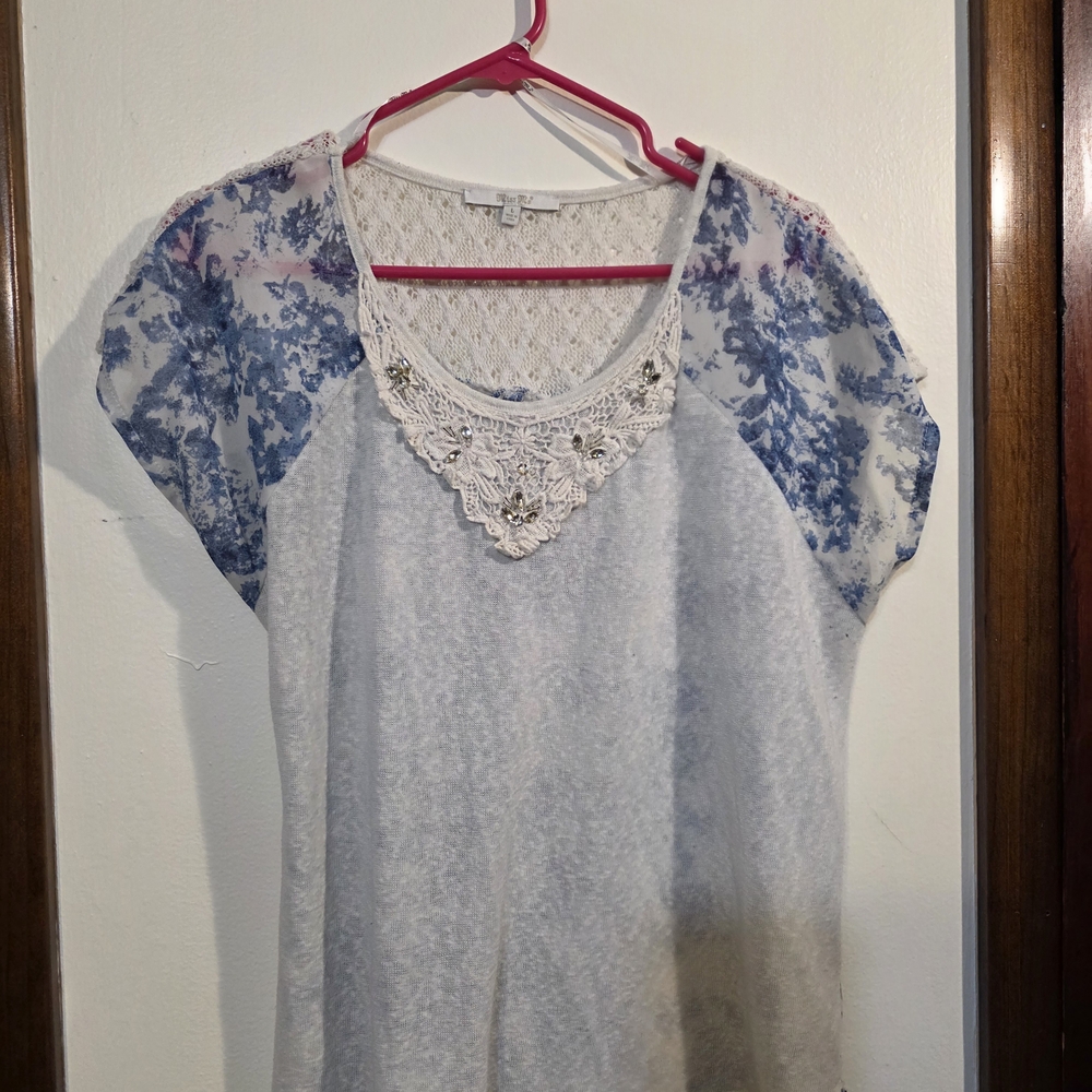 Miss Me Blue and White Lace Blouse
